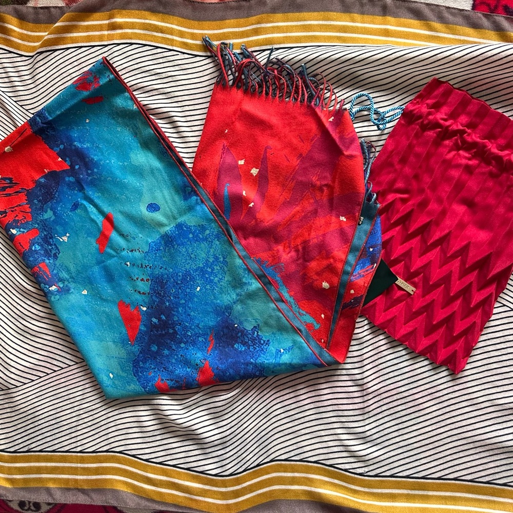 La Mer Year of the Snake Red & Blue Blanket/scarf with Pouch